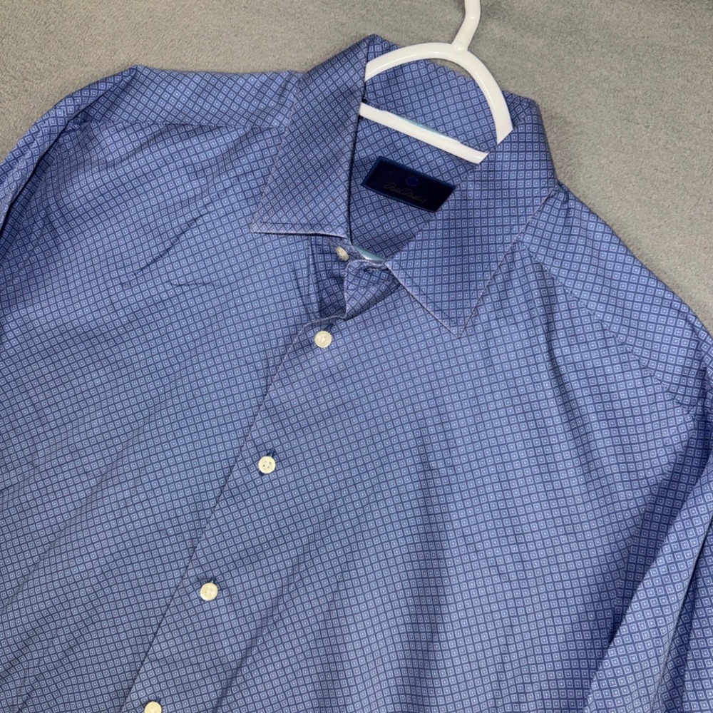 David Donahue Dress Shirt Mens 16.5 32/33 Blue Geometric Diamond Cotton Button